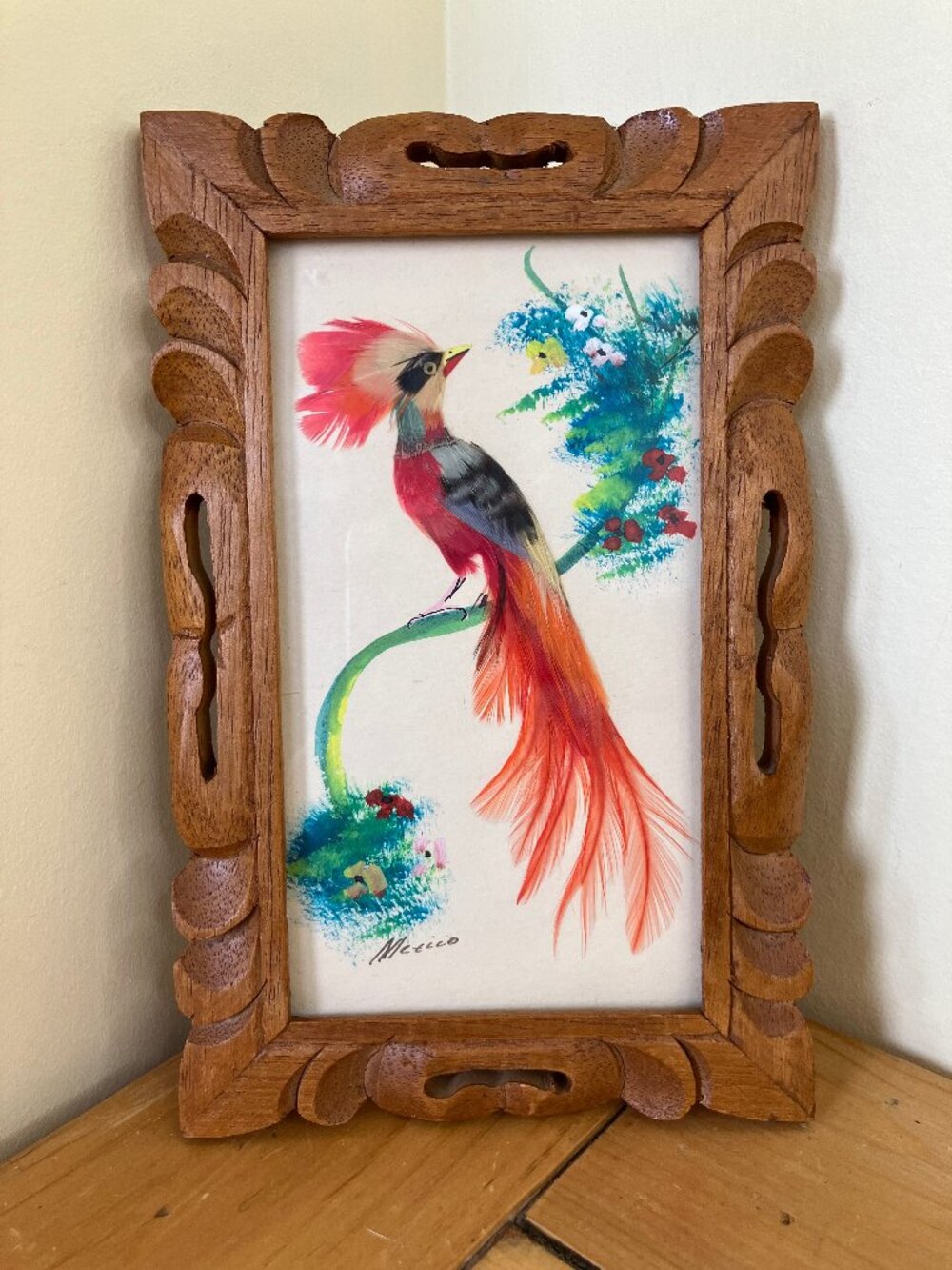 Mexican Bird Feathercraft Feather Painting Vintage Folk Art Carved Wood Frame